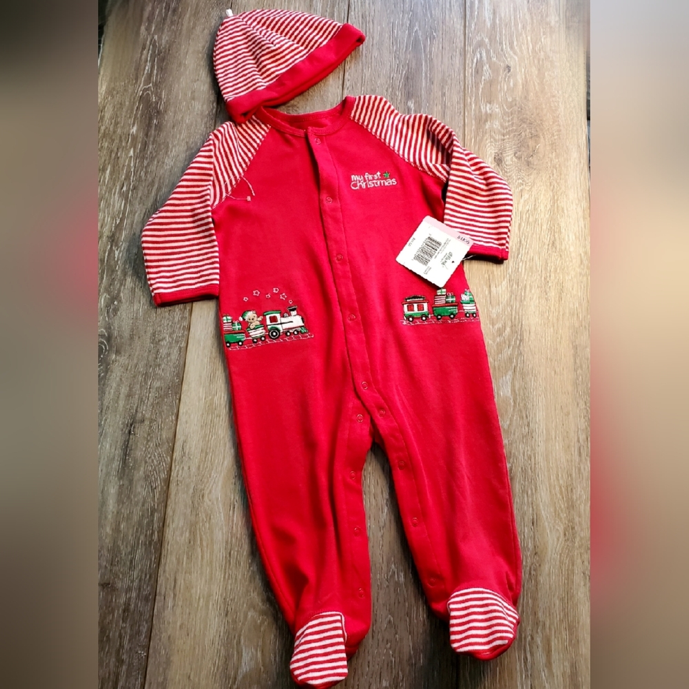 Little Me red, white train footed pajamas "My 1st Christmas" & hat size 6 M & 9M